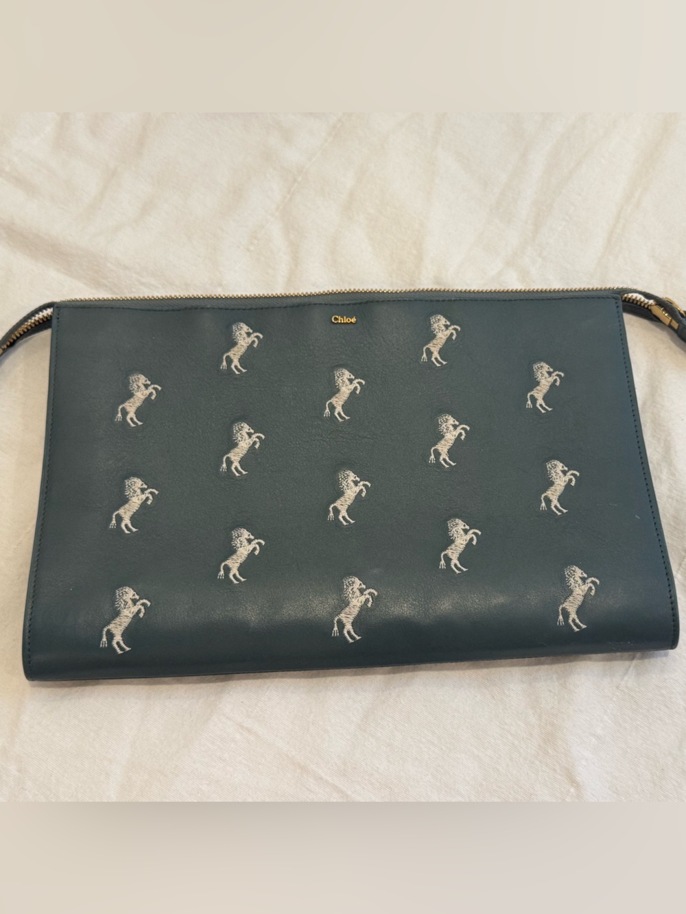 Chloé Blue Leather Embroidered Horse Clutch Wristlet Gold Hardware